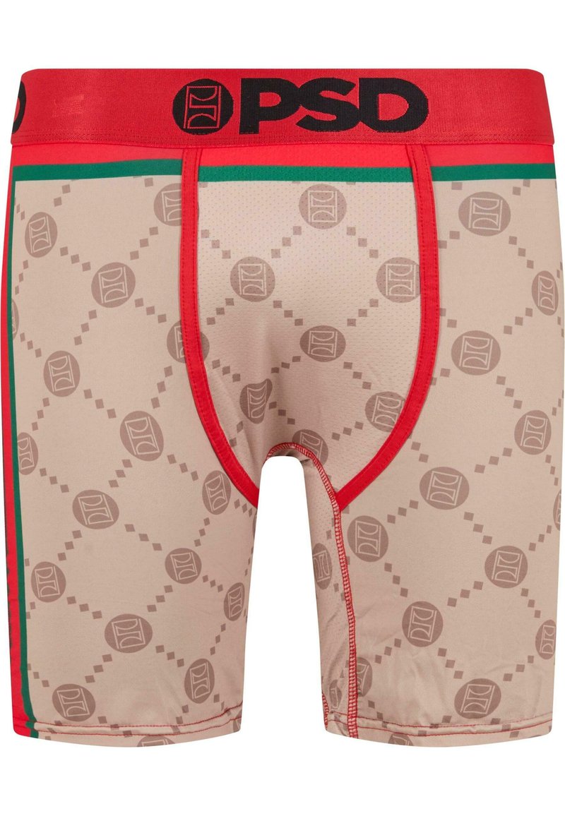 Boxer-briefs beige avec un motif géométrique tan, ceinture rouge avec le logo "PSD" et accents verts. Tissu lisse et extensible avec une coupe ajustée.