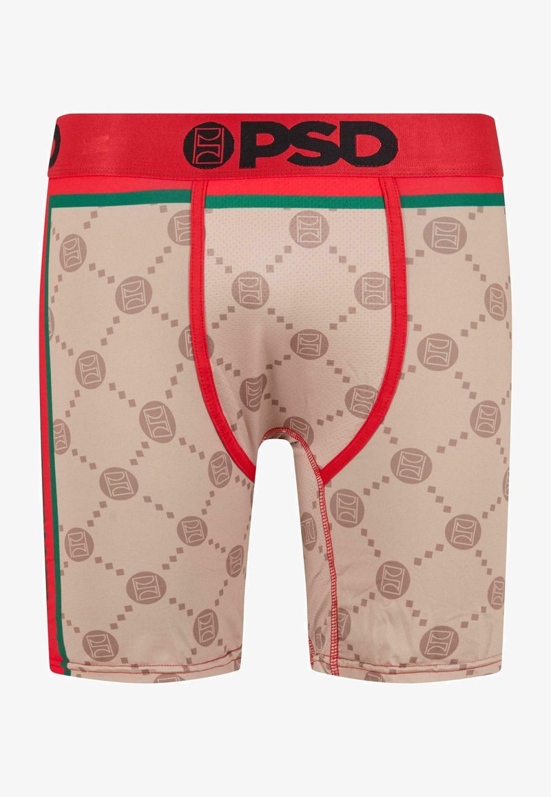 Beige boxer briefs with a geometric tan pattern, red waistband with "PSD" logo, and green accents. Smooth, stretchy fabric with a fitted design.