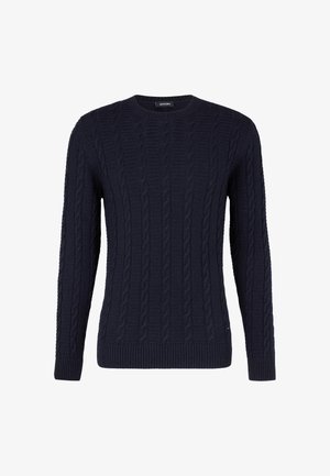 Granatowy sweter w warkoczowy splot z okrągłym dekoltem, długimi rękawami oraz ściągaczami przy mankietach i u dołu. Wykonany z teksturowanej dzianiny.