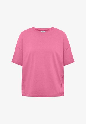 Haut décontracté à manches courtes de couleur rose avec encolure ronde, coupe ample et détails sur les coutures latérales, présenté sur un fond blanc.