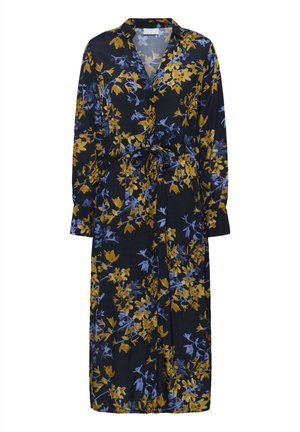 Blumenkleid in dunklem Marineblau mit gelben und blauen Blumen, mit Kragen, langen Ärmeln und einem Bindegürtel für eine verstellbare Passform.