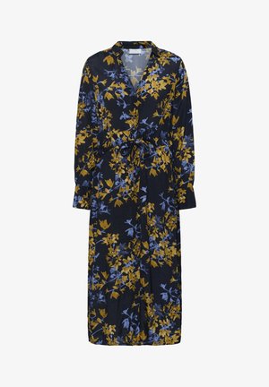 Virágos ruha sötétkék árnyalatban sárga és kék virágokkal, gallérral, hosszú ujjal és deréknál megkötős kialakítással, amely állítható illeszkedést biztosít.