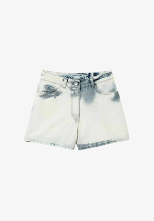 Shorts di jeans a vita alta con motivo tie-dye bianco e nero, chiusura con bottone e cerniera, tasche frontali e passanti per cintura.