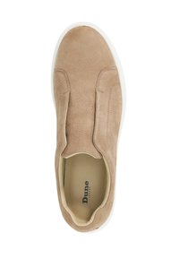 Beige suede slip-on shoe with a smooth texture, elastic side panels, and a white rubber sole. Interior features "Dune London" branding.