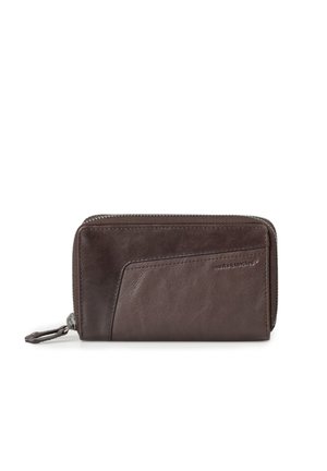 Brown leather zip-around wallet with a textured pull tab and a front pocket, embossed with a small brand logo.