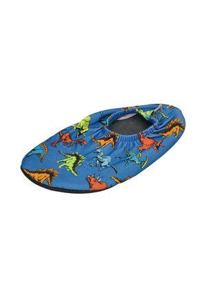 Blue children's slipper with colorful dinosaur prints and elastic opening, soft sole, suitable for indoor wear.