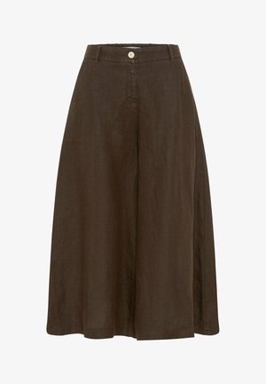 Pantalon en lin marron à jambes larges avec taille haute, passants de ceinture et fermeture à bouton blanc unique à l'avant.