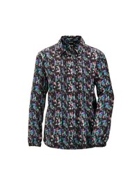 Camicia nera a maniche lunghe con un motivo astratto multicolore in viola, verde e rosa. Presenta un design plissettato.