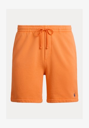 Oranžid paelaga lühikesed püksid elastse vöökoha, küljetaskute ja väikese sinise tikitud logoga vasaku jala ääres.