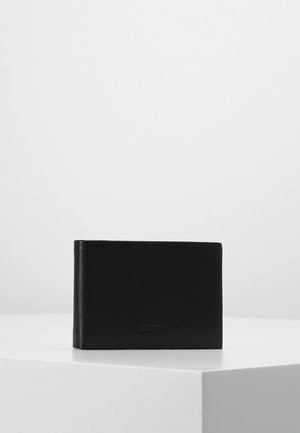 Black leather wallet with a smooth texture, rectangular shape, embossed logo detail on the front, and minimalist design.
