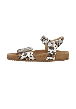 Open-toe kindersandaal met zilveren en bruine luipaardprint bandjes en een bruine gevoerde zool, met klittenbandsluitingen.