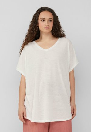 Weißes V-Auschnitt-T-Shirt mit kurzen Ärmeln, aus leichtem Strickstoff hergestellt. Lockere, bequeme Passform mit glatter Textur und ohne Muster.