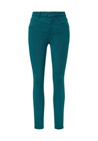 Jeans ajustados color teal hechos de denim de algodón elástico con una textura suave, que cuentan con un cierre de botón y cremallera, y bolsillos frontales.