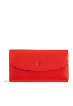 Red leather wallet with a flap closure, smooth texture, embossed logo on the front, and a slim rectangular design.