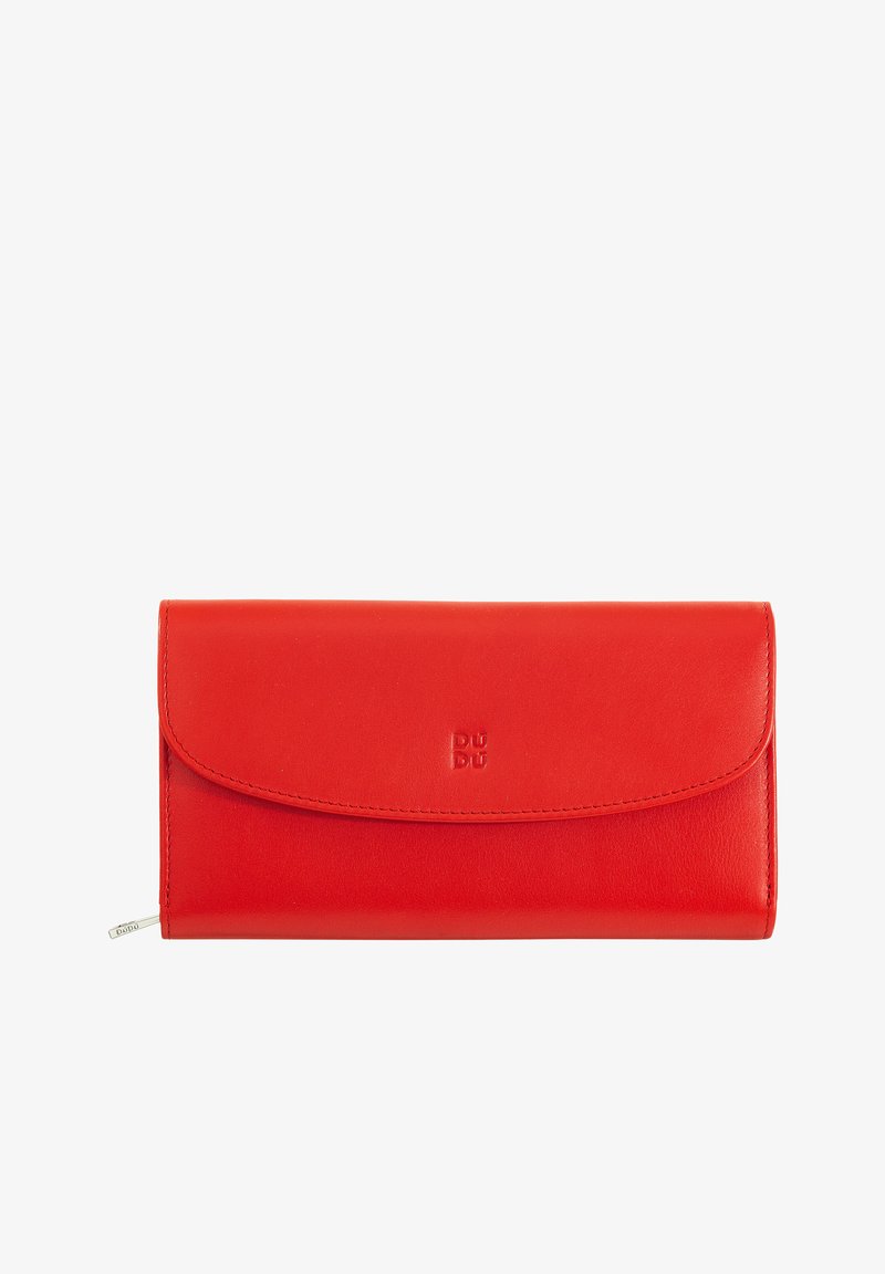 Red leather wallet with a flap closure, smooth texture, embossed logo on the front, and a slim rectangular design.