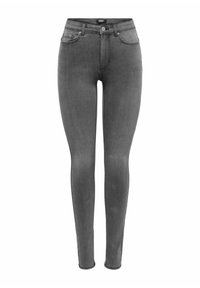 Harmaat farkut, joissa on kapea malli ja korkea vyötärö, viisi taskua ja edessä nappikiinnitys. Sileä pinta, jossa on haalistunut viimeistely.