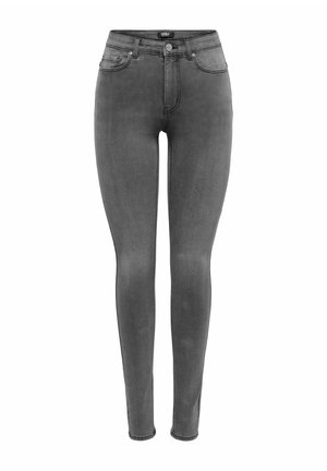Jeans skinny en denim gris avec taille haute, cinq poches et fermeture à bouton devant. Texture lisse avec une finition délavée.