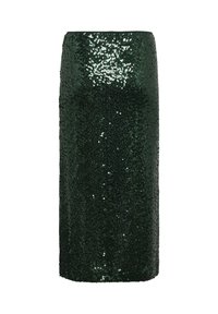 Green sequined pencil skirt with a sleek design, fitted silhouette, and shimmering texture, featuring a solid hemline.