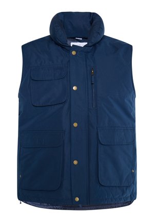 Navy blue vest with a high collar, multiple pockets, and gold-tone hardware. Smooth, durable fabric with a quilted interior.