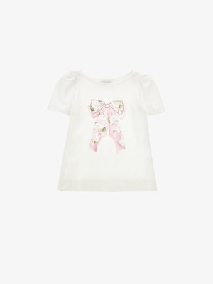 Maglietta bianca a maniche corte per bambino con maniche a sbuffo e un grande fiocco rosa decorato con fiori bianchi sul davanti.