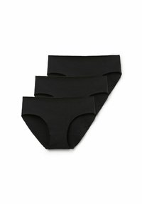 Trzy pary czarnych bawełnianych majtek z bezszwowym designem, o średnim stanie i miękkiej teksturze. Brak widocznych logo lub wzorów.