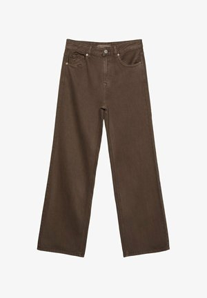Brune wide-leg jeans lavet af denim, med frontknaplukning, fem lommer og synlige sydetaljer.