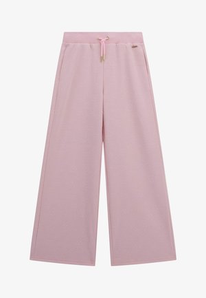 Texturált anyagú, domború mintákkal díszített rózsaszín, bő szárú nadrág, rugalmas derékkal és arany színű díszítőzsinórral.