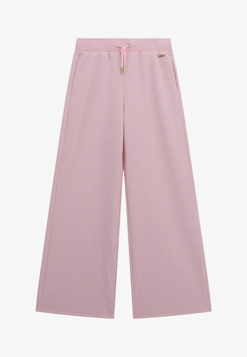 Rosa weite Hose aus strukturiertem Stoff mit geprägten Mustern, elastischem Bund und einer Kordel mit goldenen Akzenten.
