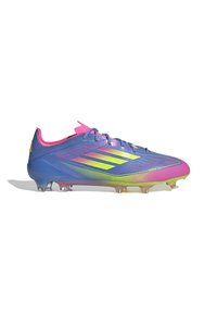 Football boots featuring a blue, pink, and green gradient design with a textured upper, lace closure, and translucent studs.