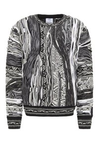 Sort og hvid mønstret sweater med abstrakte designs, rund udskæring og ribbede manchetter og kant i et struktureret strikket stof.