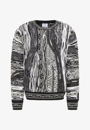 Zwart-wit gebreide trui met abstracte ontwerpen, ronde halslijn en geribde manchetten en zoom in een textuurgebreide stof.