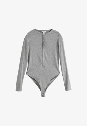 Grey long-sleeve bodysuit with a rounded neck, button front closure, ribbed texture, and a fitted design. Made from soft fabric.