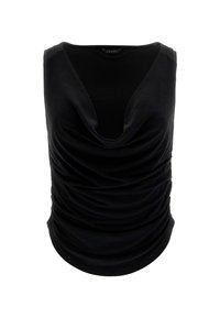 Top senza maniche nero con scollatura drappeggiata, texture arricciata e silhouette aderente. Realizzato in tessuto morbido e elastico.