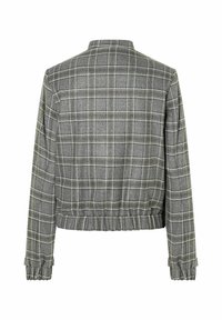 Veste à carreaux grise avec un design court, un ourlet élastiqué et des poignets froncés. Réalisée en tissu tissé avec une finition structurée et texturée.