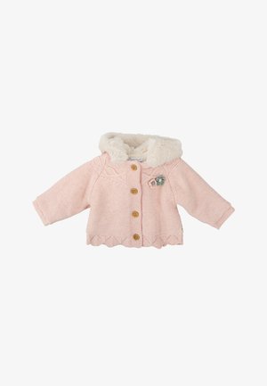 Chaleco de bebé de punto rosa con botones de madera, cuello de piel sintética y pequeños adornos de flores rosas y verdes en el pecho.