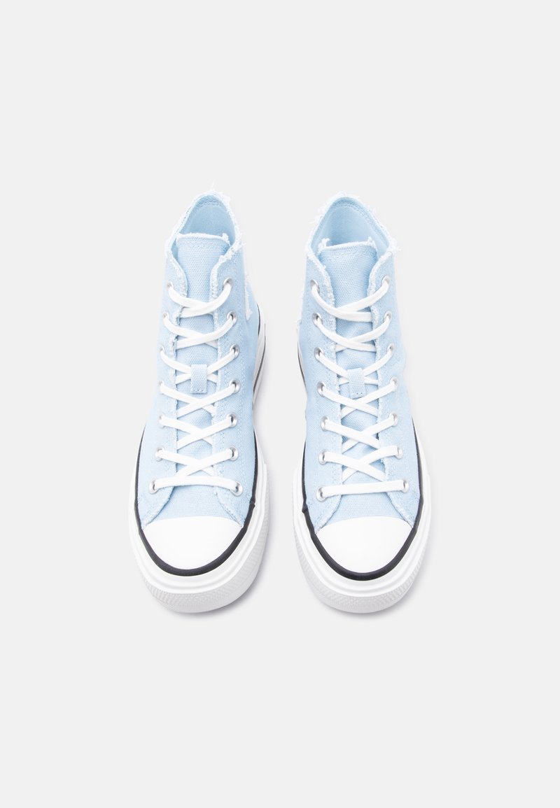 Coppia di sneakers alte in tela azzurro chiaro con suole e lacci in gomma bianca, viste dall'alto su sfondo bianco.