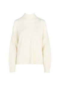 Maglione oversize color crema con collo alto, polsini a coste e tessuto strutturato. Presenta un logo discreto nell'angolo in basso a sinistra.