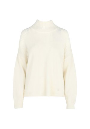 Maglione oversize color crema con collo alto, polsini a coste e tessuto strutturato. Presenta un logo discreto nell'angolo in basso a sinistra.