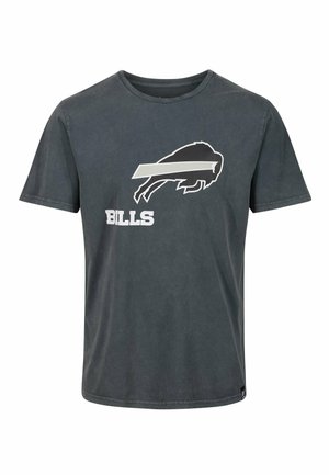 Grå bomullst-shirt med en stor svart bisonlogo och ordet "BILLS" i vitt. Rund hals och korta ärmar med en slät textur.
