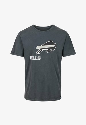 Grå bomulds t-shirt med et stort sort bisonlogo og ordet "BILLS" i hvid. Rund hals og korte ærmer med en glat tekstur.