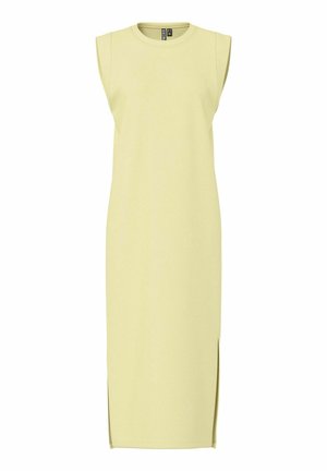 Robe midi jaune clair sans manches avec épaulettes, encolure ronde, coupe droite et fente latérale à l'ourlet.