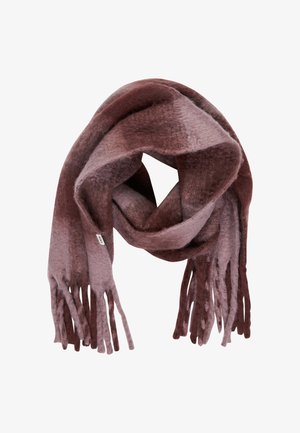 Zachte sjaal van wolmengsel in tinten mauve en bruin met gefranjerde uiteinden, gevouwen in een losse lusvorm.