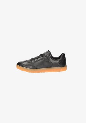 Black leather sneaker with rounded toe, lace-up design, and a textured surface. Features a tan rubber sole with subtle branding on the side.