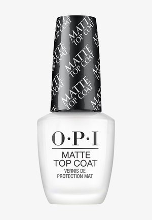 Butelka lakieru do paznokci OPI Matte Top Coat z czarną zakrętką, na której wielokrotnie nadrukowano "MATTE TOP COAT" białym tekstem.