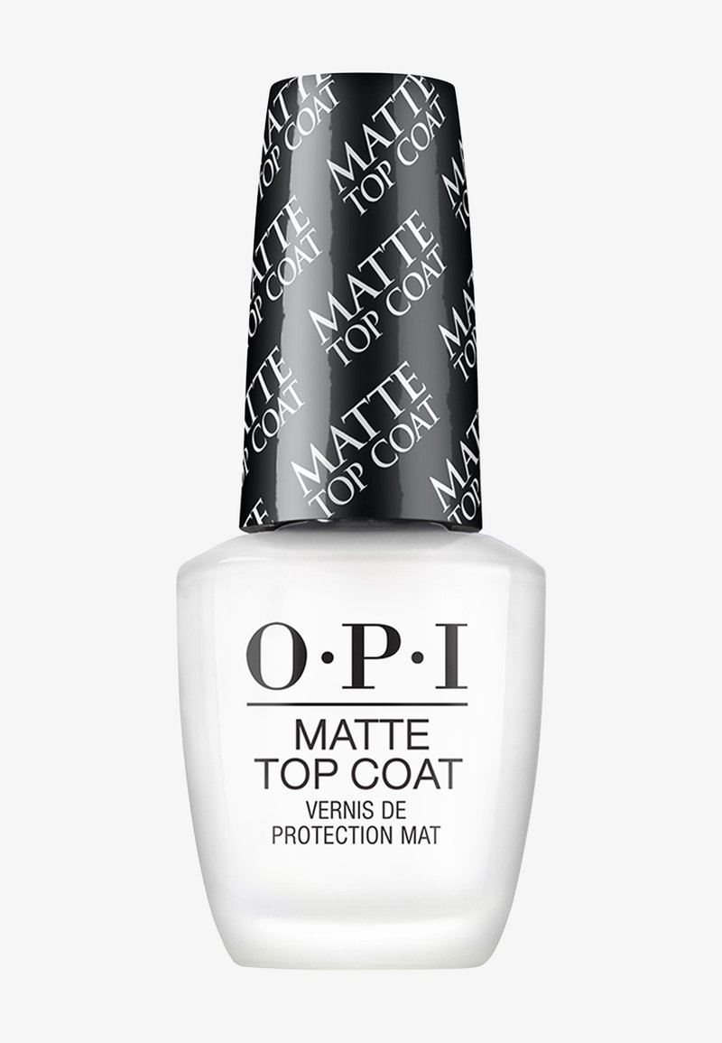 Bouteille de vernis à ongles OPI Matte Top Coat avec un bouchon noir imprimé en répétition avec le texte "MATTE TOP COAT" en blanc.