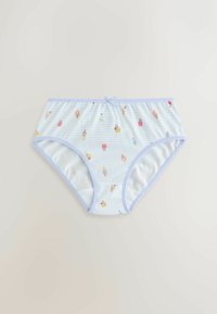 Culottes pour filles rayées blanc et bleu clair avec petits imprimés colorés de glaces et desserts, bordées d'un élastique bleu clair et un petit nœud à la taille.