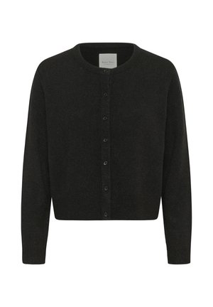 Schwarze Strickjacke mit Knöpfen, langen Ärmeln und rundem Halsausschnitt, etikettiert mit "Part Two".