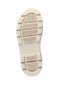 Witte rubberen schoenzool met textuurgroeven en -randen voor grip, met een geprinte logo en maat 42 aangegeven op het oppervlak.