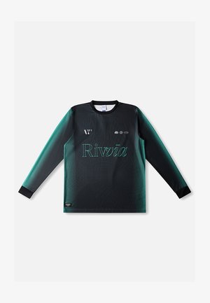 Maglia a maniche lunghe con sfumatura dai toni nero e teal, caratterizzata da collo rotondo, tessuto strutturato e logo "Rivvia" in verde chiaro sul davanti.