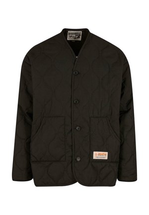 Quilted black jacket with a mandarin collar, five buttons, two front pockets, and a logo tag on the lower right.